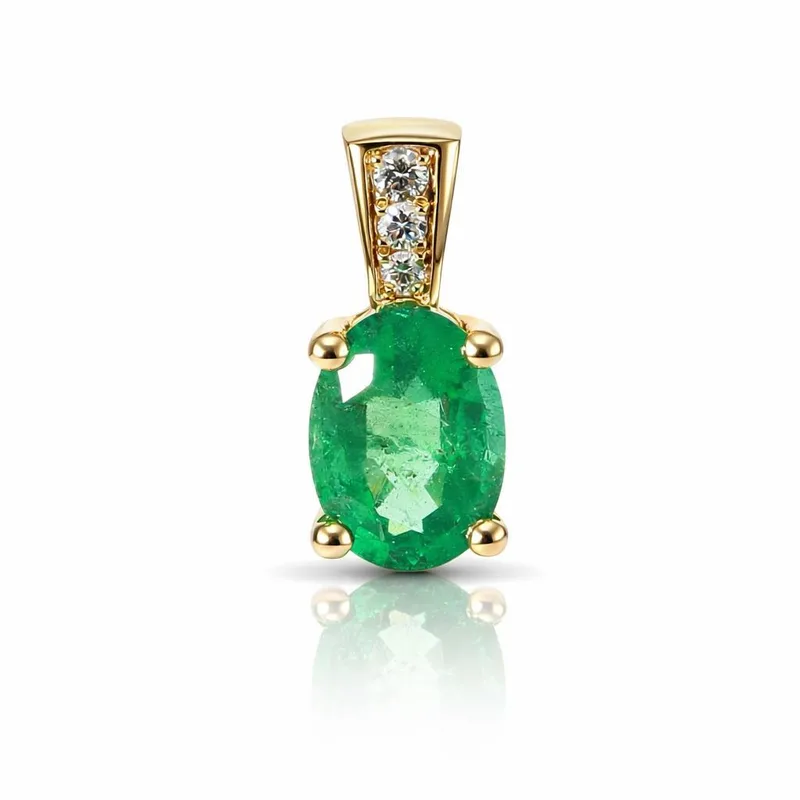 Pendentif Or Jaune Emeraude Ovale AAA 8x6mm et Diamants