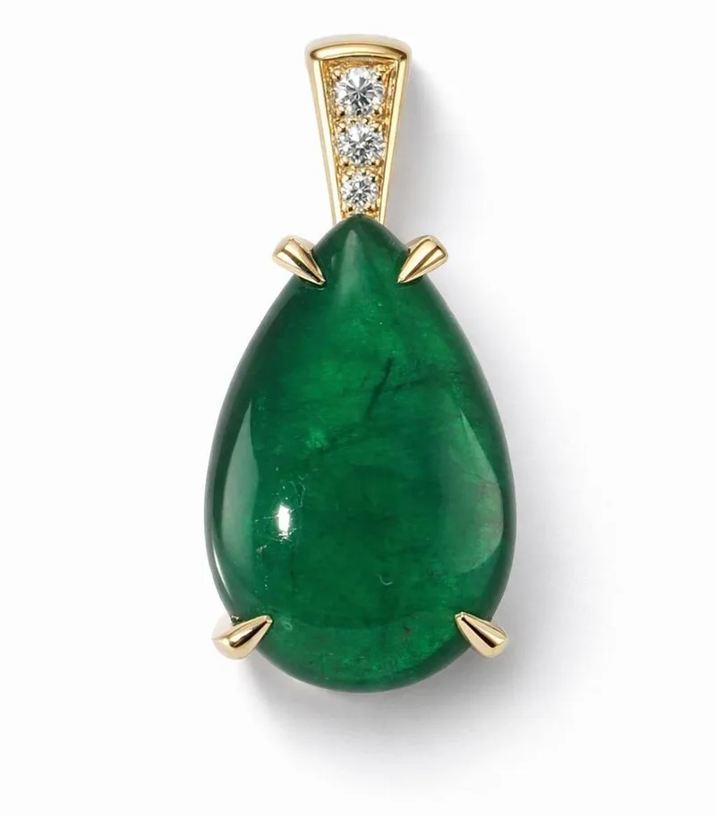 Pendentif Or Jaune 750 Emeraude Cabochon Poire et Diamants